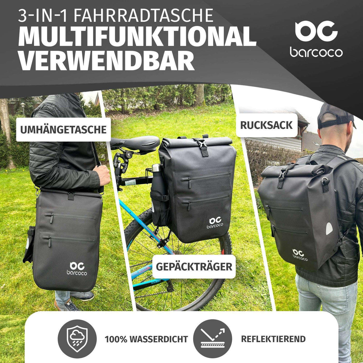 Barcoco Fahrradtasche für Gepäckträger, 100% wasserdicht - Schwarz