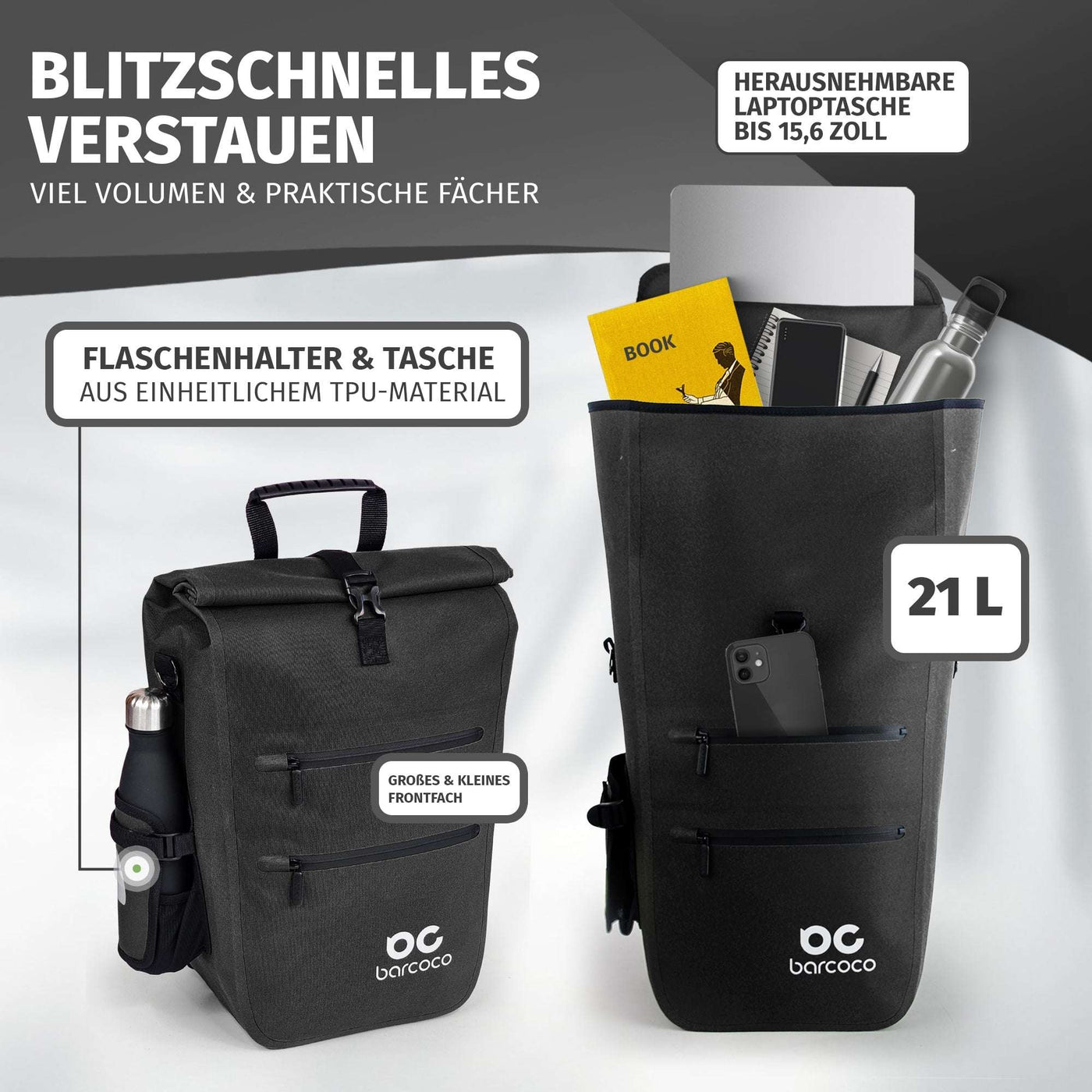 Barcoco Fahrradtasche für Gepäckträger, 100% wasserdicht - Schwarz
