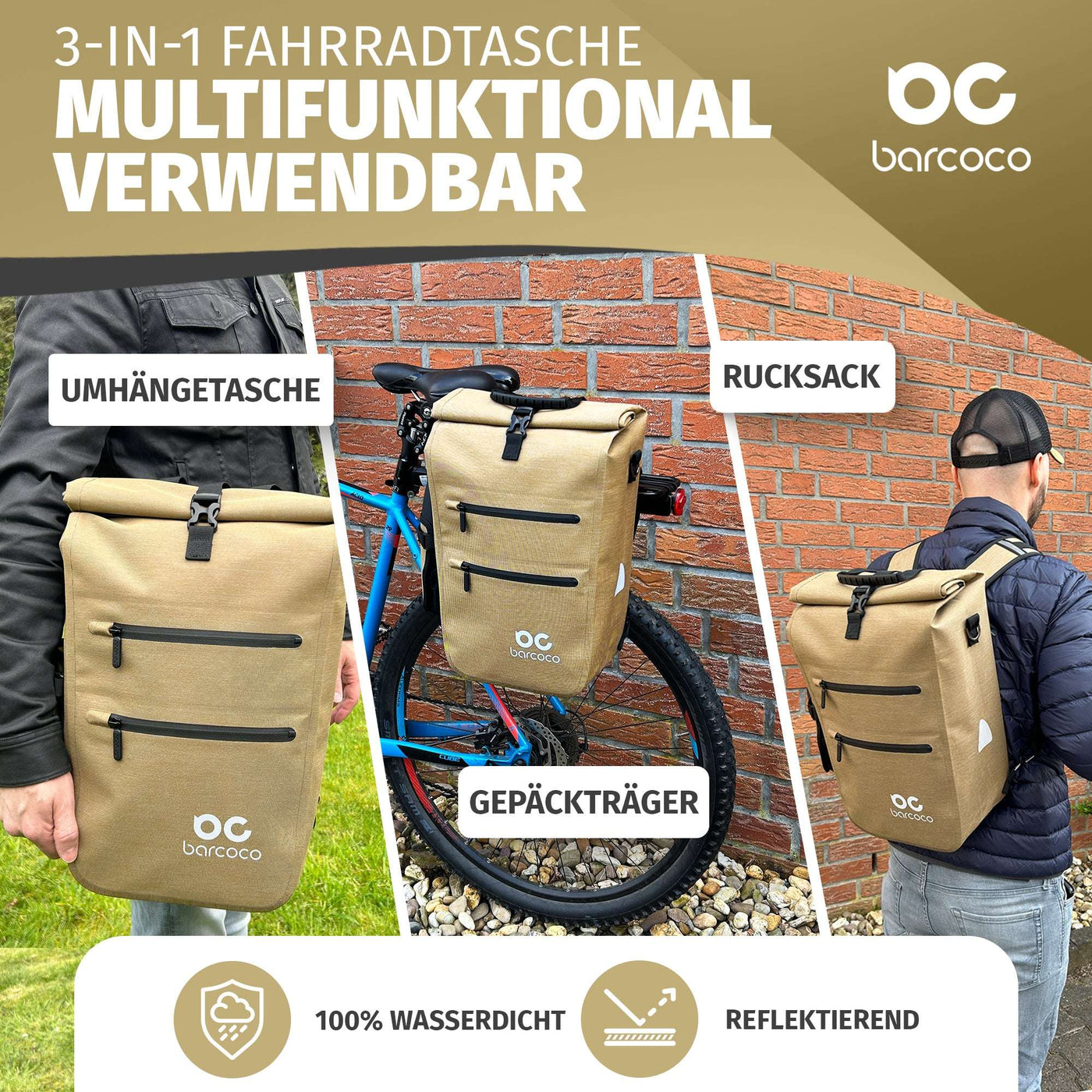 3 in 1 fahrradtasche rucksack wasserdicht beige